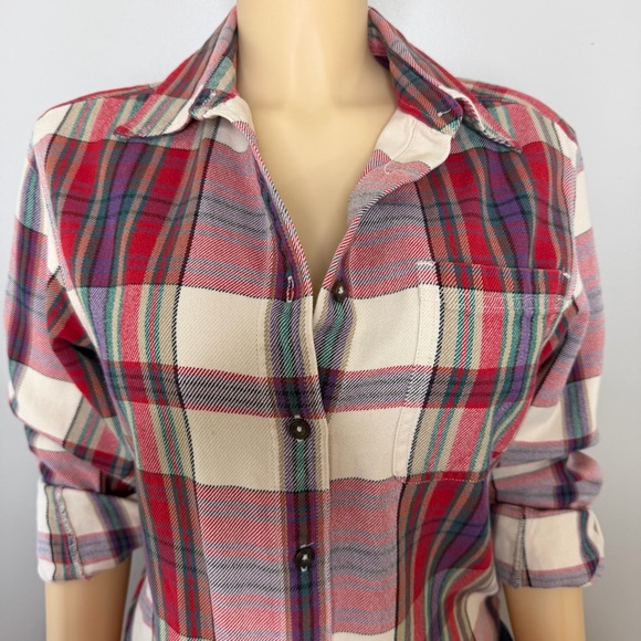 Eddie Bauer Red, Cream, Blue, Purple, Green Soft Woven Plaid Button Down Shirt - Picture 3 of 11